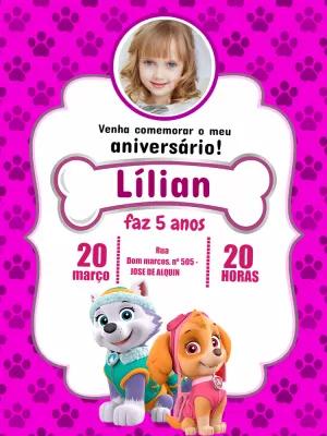 Convite Aniversário Patrulha Canina Menina com Foto para Editar
