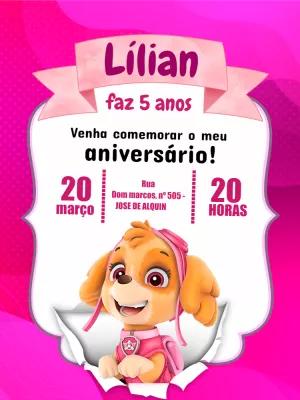 Convite Aniversário Skye Patrulha Canina Rosa para Editar