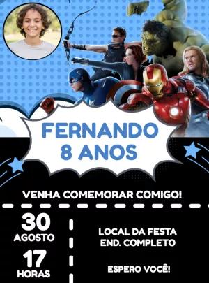 Convite Aniversário Vingadores com Foto para Editar Online