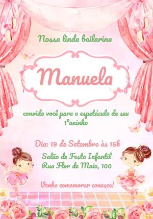 Convite Aniversário Bailarina Aquarela para Editar Online