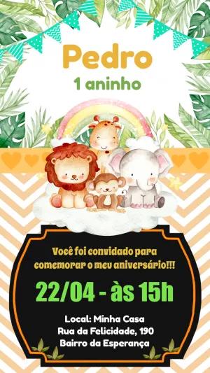 Convite Aniversário Safari com Animais Fofos para Editar Online
