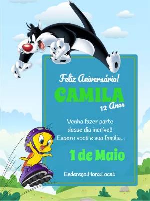 Convite de Aniversário Piu Piu e Frajola para Editar Online