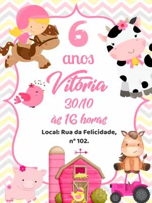 Convite Aniversário Fazendinha Rosa com Animais para Editar
