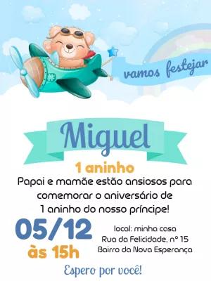 Convite Aniversário Ursinho Aviador para Editar Online