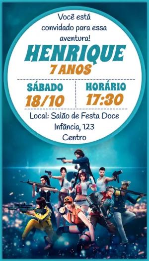 Convite Aniversário Free Fire com Personagens para Editar