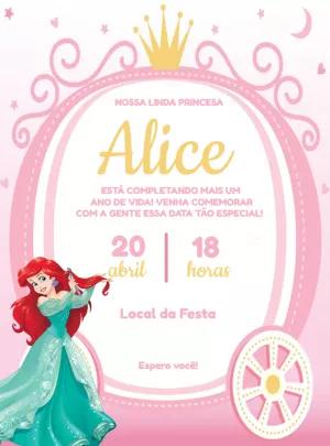 Convite de Aniversário Ariel Princesa da Disney para Editar
