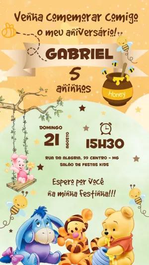 Convite Aniversário Ursinho Pooh com Amigos para Editar Online