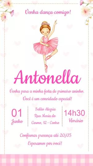 Convite Aniversário Bailarina Rosa para Editar Online