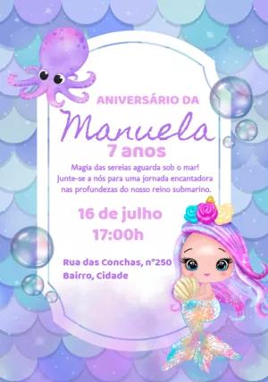 Convite de Aniversário Sereia Fofa para Editar Online