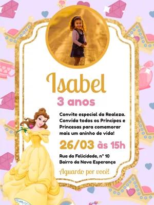 Convite Aniversário Princesa Bela com Foto para Editar Online