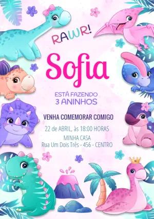 Convite Aniversário Dinossauro Menina para Editar Online