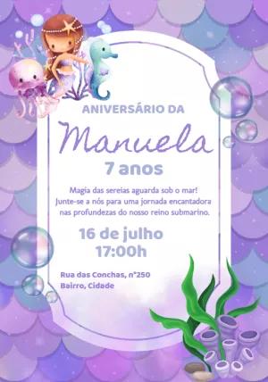 Convite de Aniversário Sereia Fofa para Editar Online