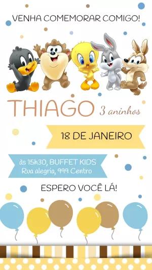 Convite Aniversário Looney Tunes Baby para Editar Online