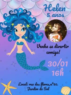 Convite Aniversário Sereia com Foto para Editar Online