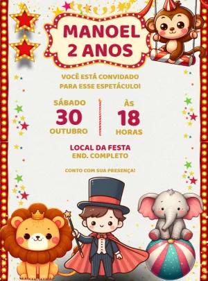 Convite Aniversário Circo com Animais Fofos para Editar Online