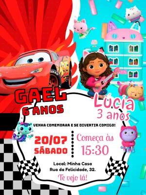 Convite Aniversário Duplo McQueen e Gabby para Editar Online