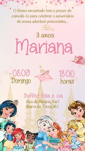 Convite Aniversário Princesas da Disney para Editar Online