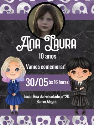 Convite Aniversário Wandinha Addams com Foto para Editar Online
