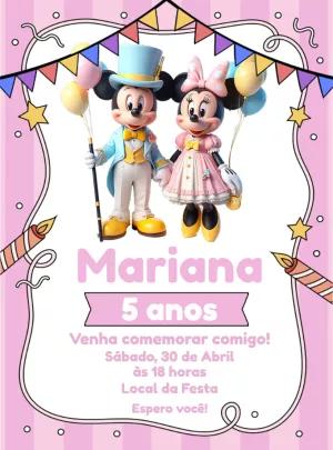 Convite Aniversário Mickey e Minnie Circo Rosa para Editar