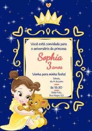 Convite Aniversário Princesa Bela para Editar Online
