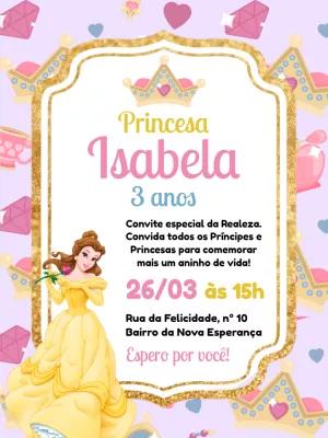 Convite Aniversário Princesa Bela Editável Online para Imprimir