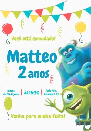 Convite Aniversário Monstros S.A. com Personagens para Editar