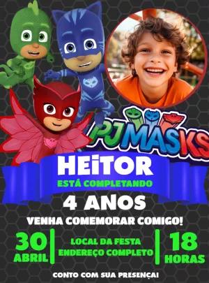 Convite Aniversário PJ Masks com Foto para Editar Online