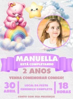 Convite Aniversário Ursinha no Arco-íris com Foto para Editar
