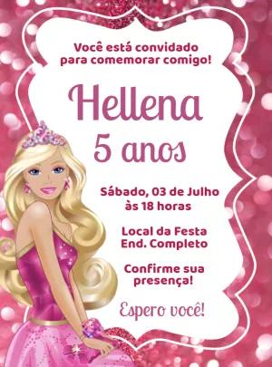 Convite Aniversário Barbie Rosa com Glitter para Editar Online