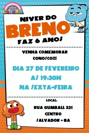 Convite Aniversário Mundo de Gumball para Editar Online