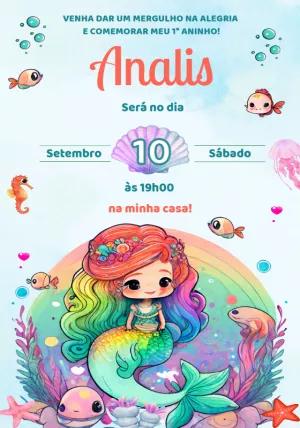 Convite de Aniversário Pequena Sereia para Editar Online