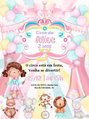 Convite Aniversário Circo Rosa Aquarela para Editar Online