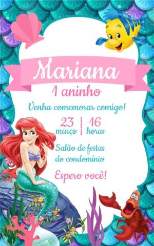 Convite Aniversário Pequena Sereia Ariel para Editar Online