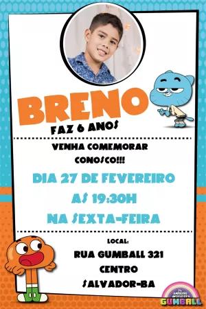 Convite Aniversário Mundo do Gumball com Foto para Editar Online