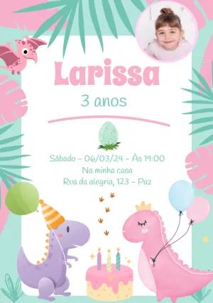Convite Aniversário Dinossauro Menina com Foto para Editar