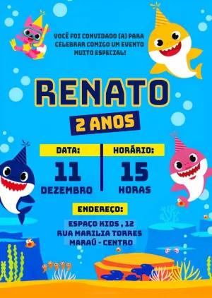 Convite Aniversário Baby Shark com Personagens para Editar Online