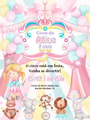 Convite Aniversário Circo Rosa com Palhacinha para Editar Online