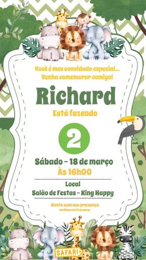 Convite de Aniversário Safari com Animais para Editar Online