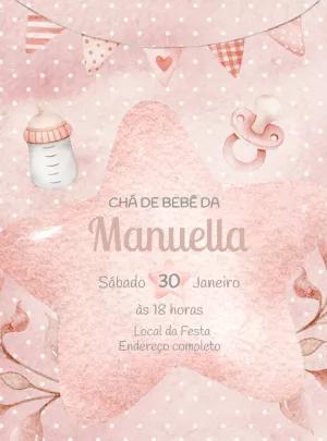 Convite Chá de Bebê Menina Estrela Aquarela para Editar Online