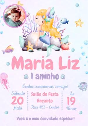 Convite Aniversário Sereia com Foto para Editar Online