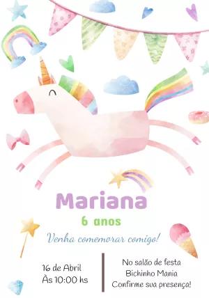 Convite Aniversário Unicórnio Aquarela para Editar Online