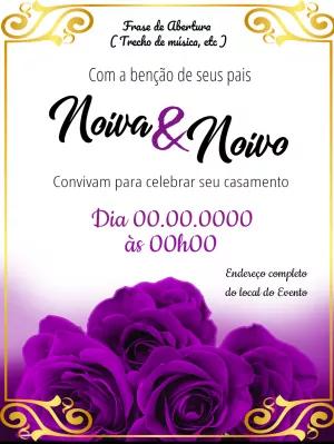 Convite de Casamento Floral com Rosas Roxas para Editar Online