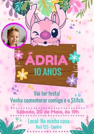 Convite Aniversário Angel Stitch com Foto para Editar Online