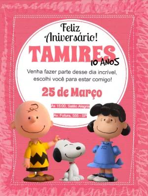 Convite de Aniversário Snoopy Rosa para Editar e Imprimir