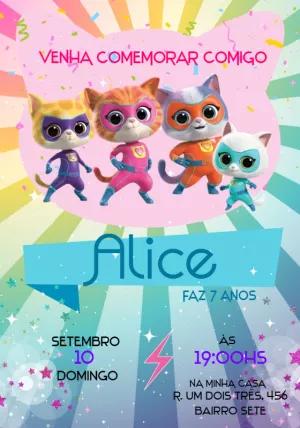 Convite Aniversário Super Gatinhos para Editar Online