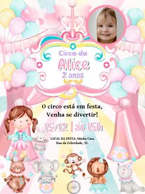 Convite Aniversário Circo Rosa com Foto para Editar Online