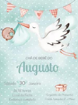 Convite Chá de Bebê Cegonha Aquarela para Editar Online