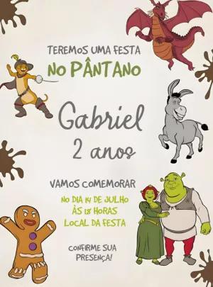 Convite de Aniversário Shrek com Personagens para Editar