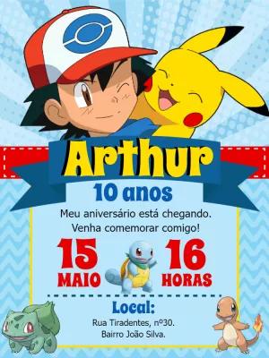 Convite de Aniversário Pokémon com Ash e Pikachu para Editar