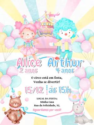 Convite Aniversário Duplo Circo com Palhacinhos para Editar